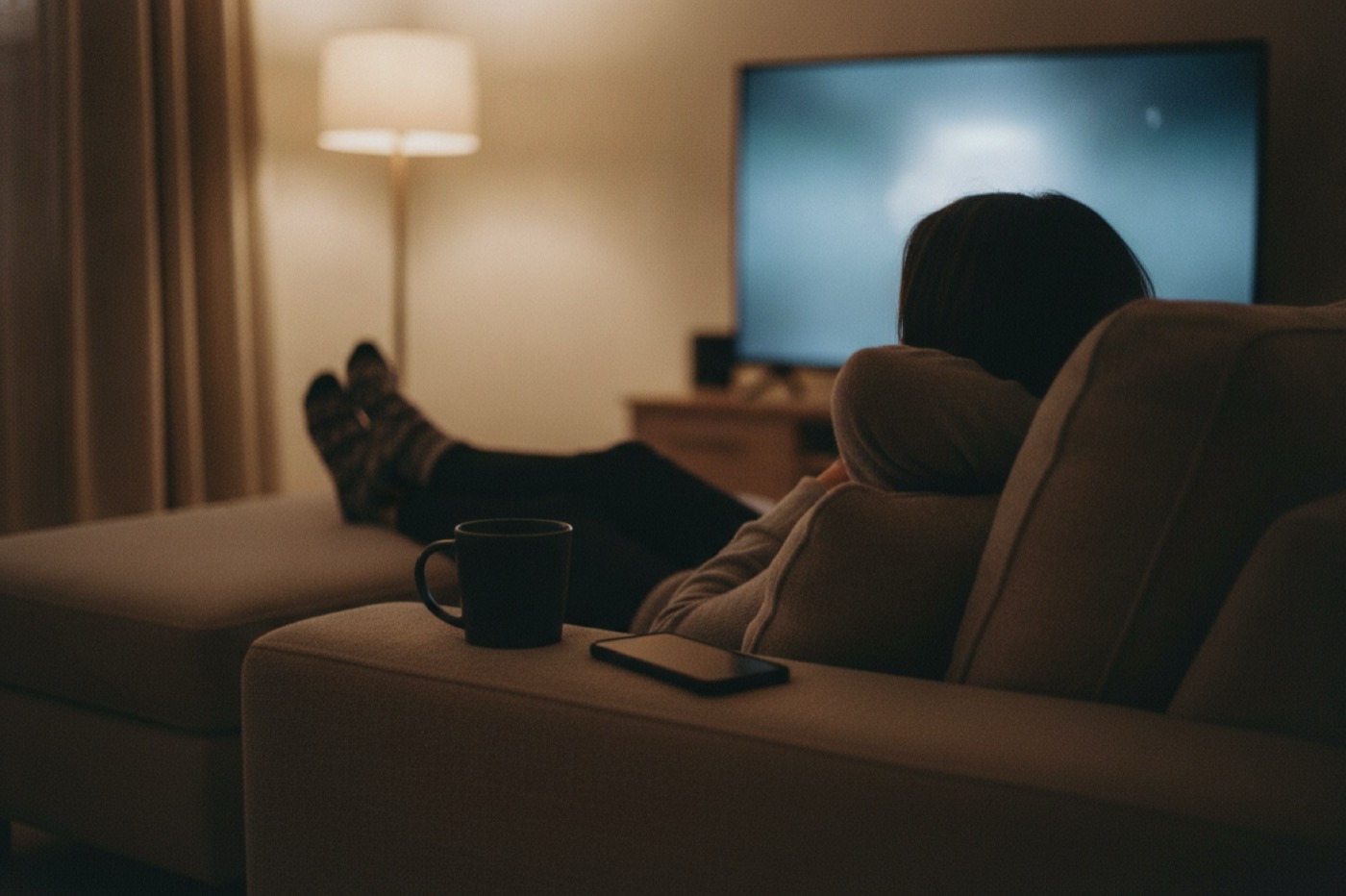 An evening living room seen from behind the couch: feet up, a mug close by, the phone face-down on the armrest